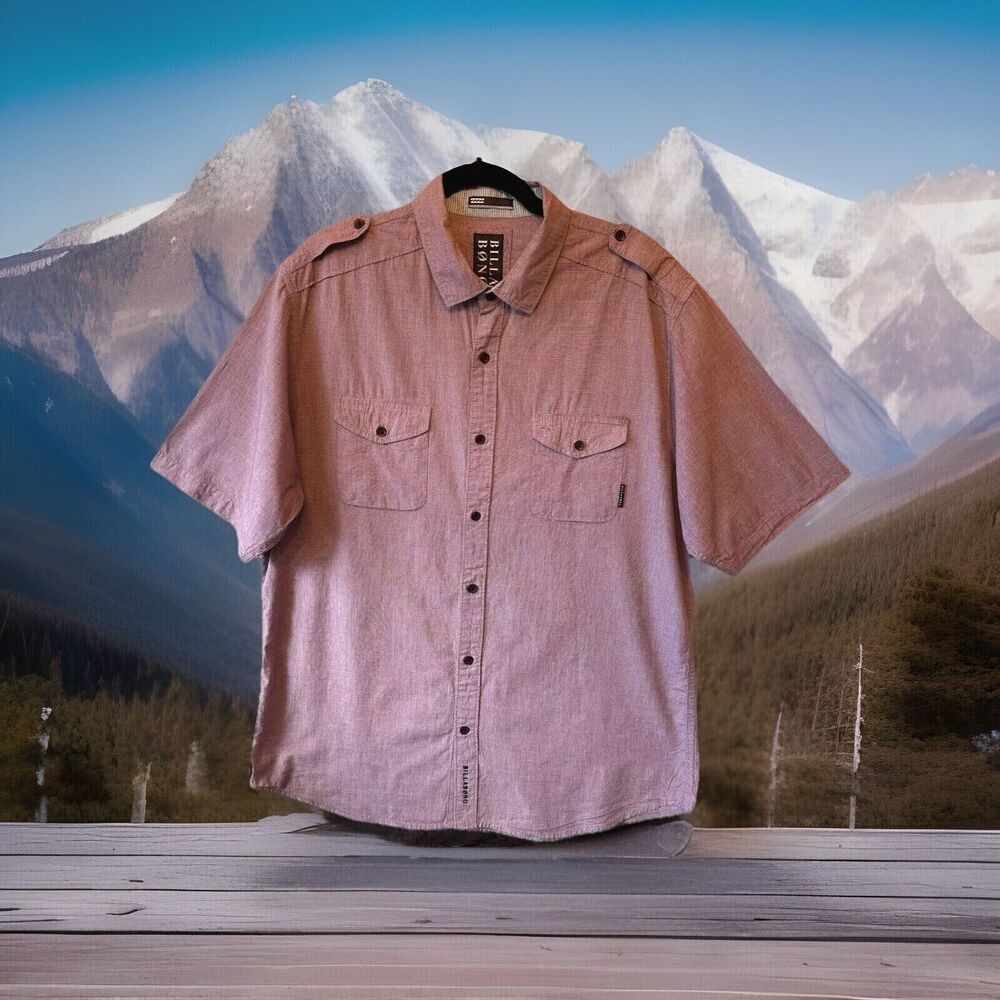 BILLABONG Shirt Men's XL Short Sleeve 100% Cotton Red White Blue Casual Pockets‎